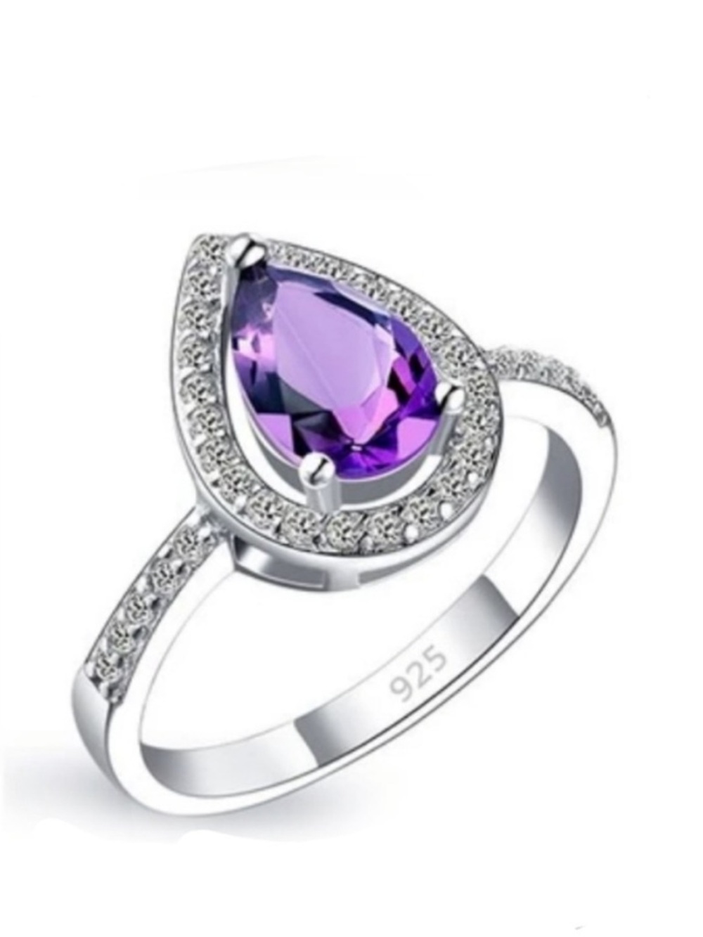 Swarovski Elements 925 Sterling Silver Amethyst Purple Teardrop Ring NEW